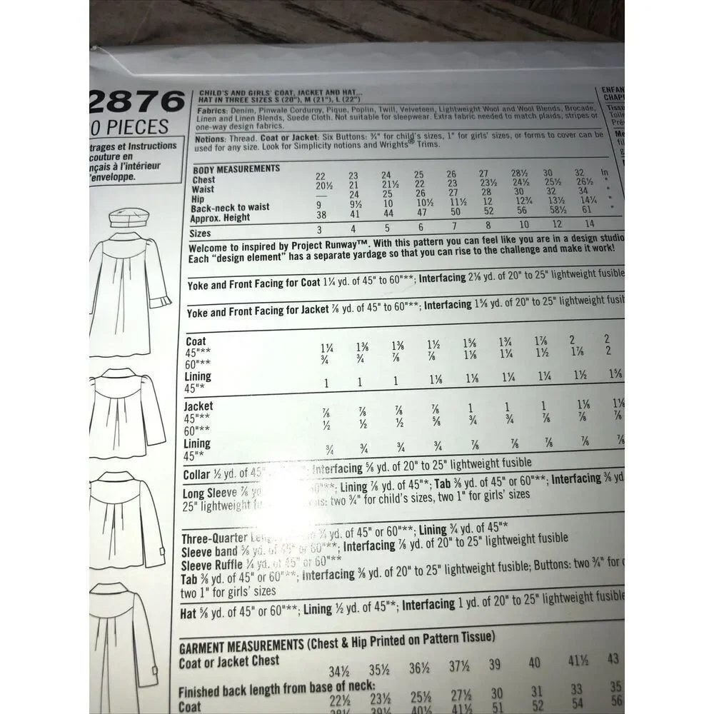 Simplicity 2876 Girls Coat, Jacket,hat 20 Pc Uncut New Pattern, Size 3,4,5,6